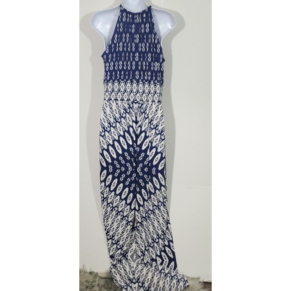 London Style Collection Size 12P Blue White Abstract Print Beachy Maxi Sundress - Picture 7 of 9